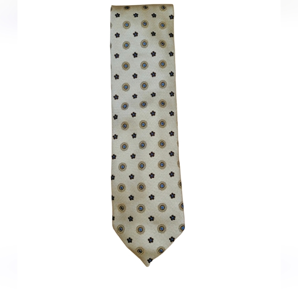 Ermenegildo Zegna 100% Silk Tie Cream Gold Blue Medallion Floral Italy